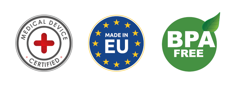 Urządzenie medyczne, wyprodukowano w UE, wolne od BPA - odznaki.